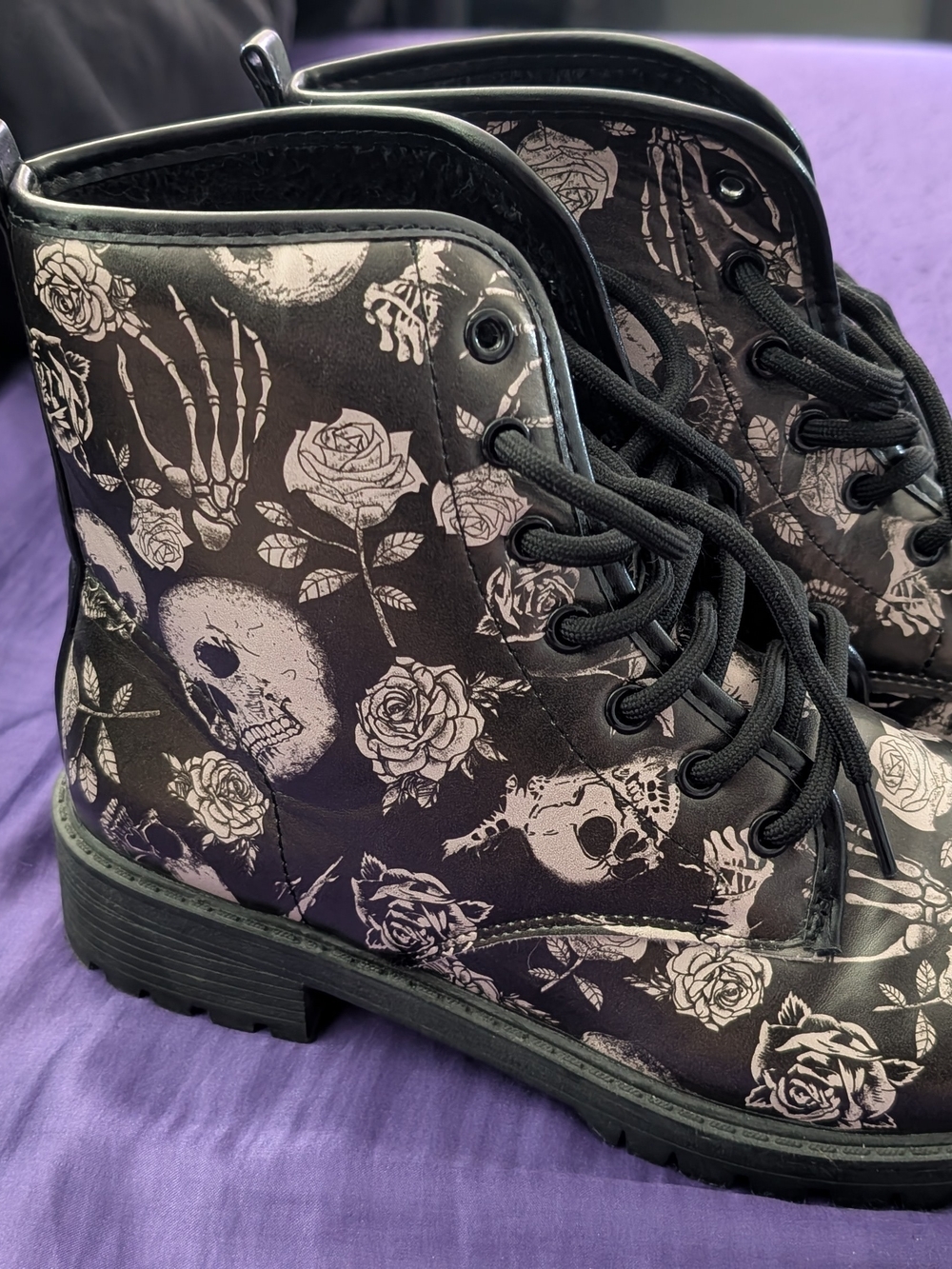 Women’s Black Floral Skull Lace-Up Boots